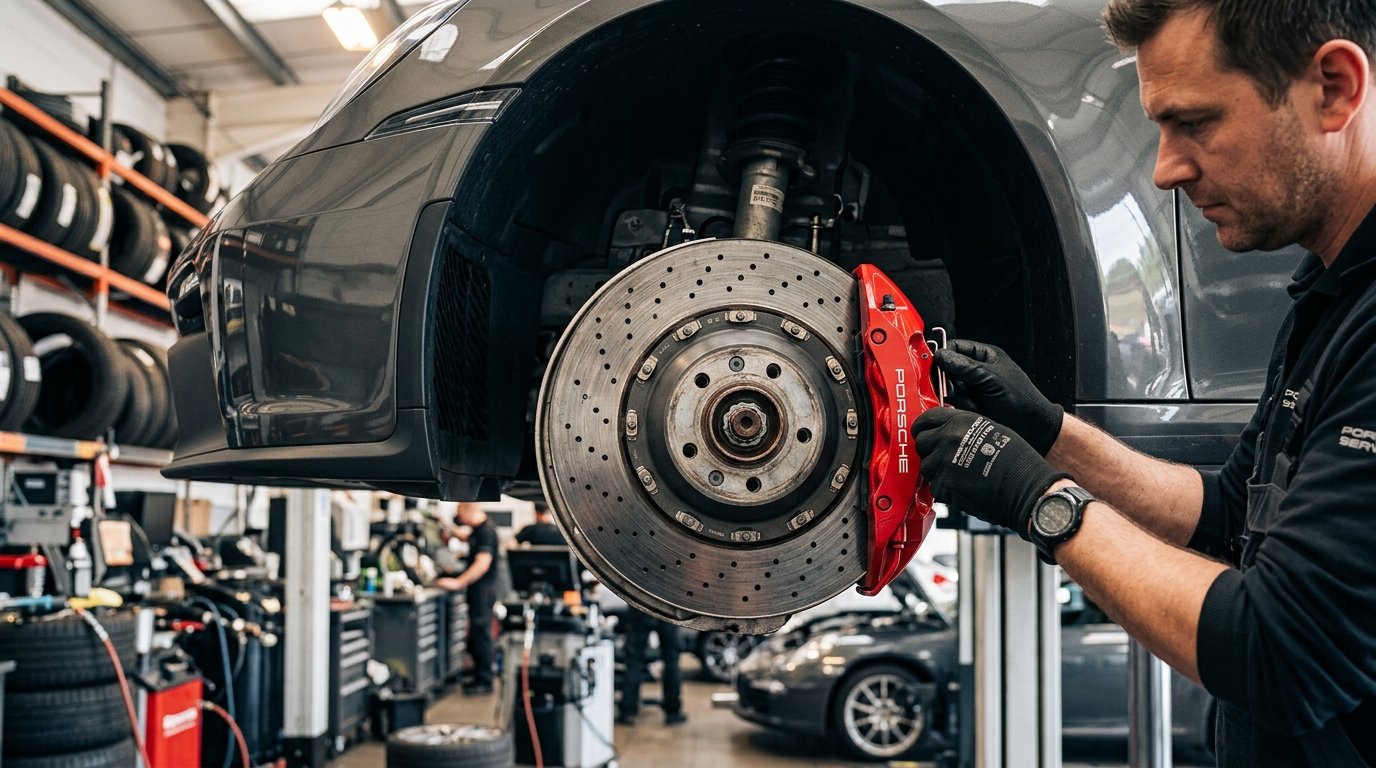 Automotive mechanic replacing performance brake pads on disc brake rotor