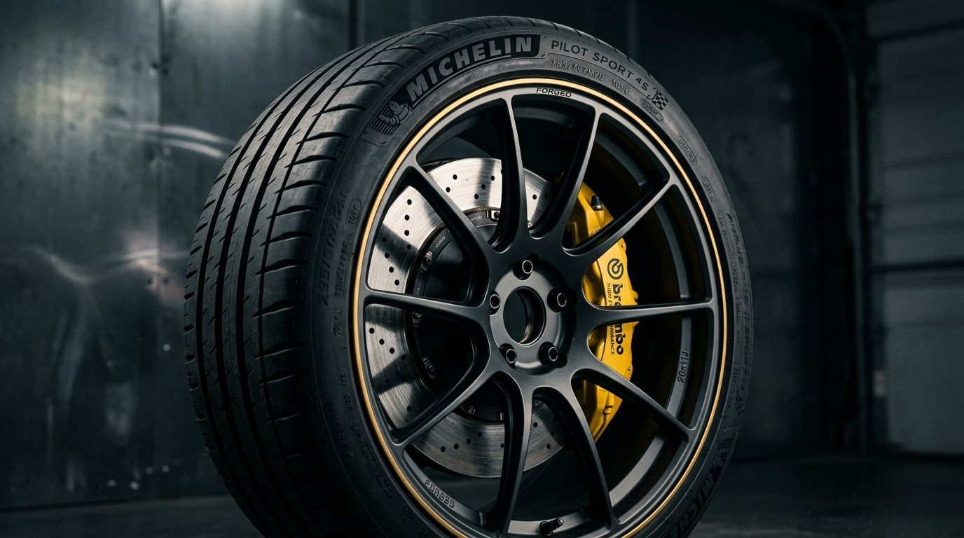 High performance tyre and forged alloy rim with gold caliper