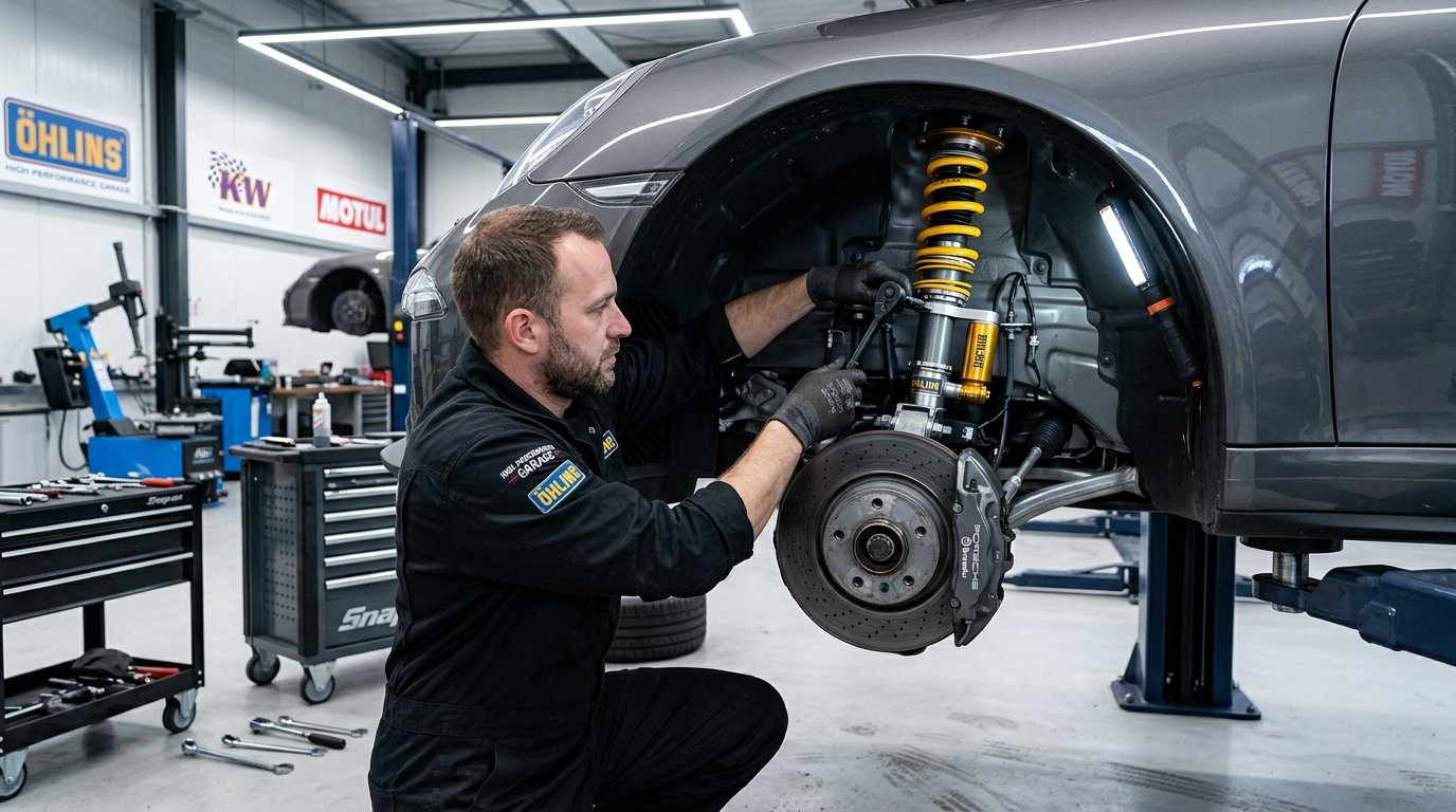 Automotive technician installing high performance coilover suspension strut and shock absorber